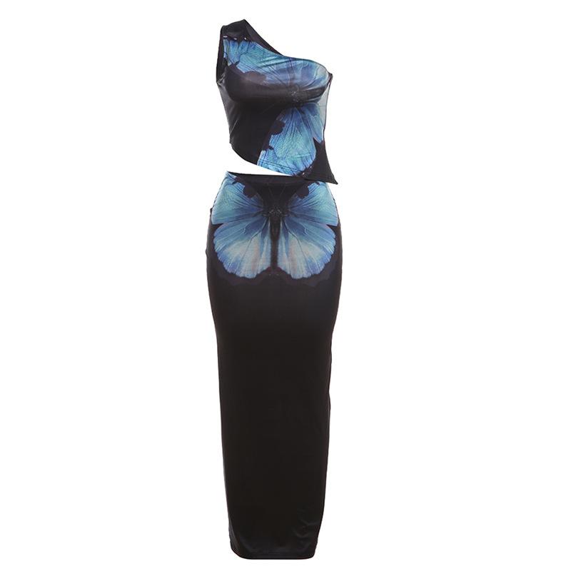 acelimosf™-One shoulder butterfly print maxi skirt set