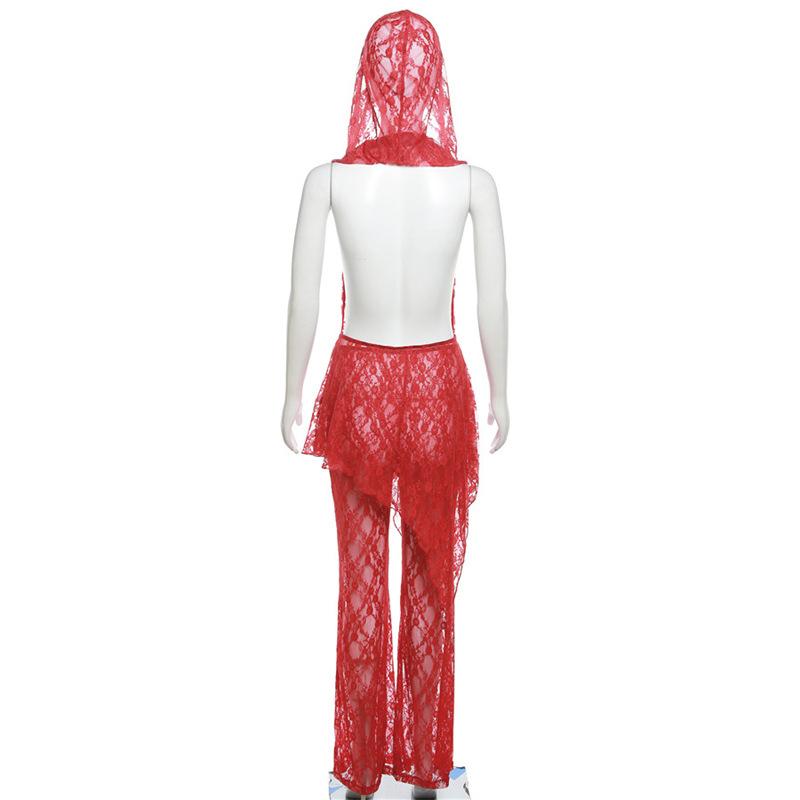 acelimosf™-Lace irregular see through hoodie halter cowl neck pant set