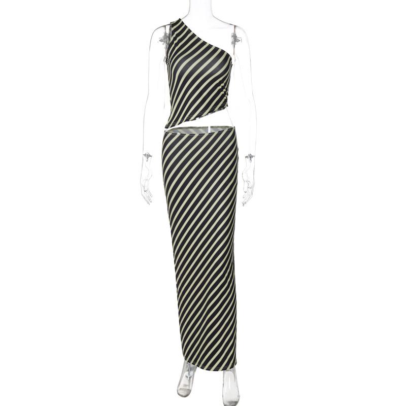 acelimosf™-Sleeveless one shoulder striped irregular maxi skirt set