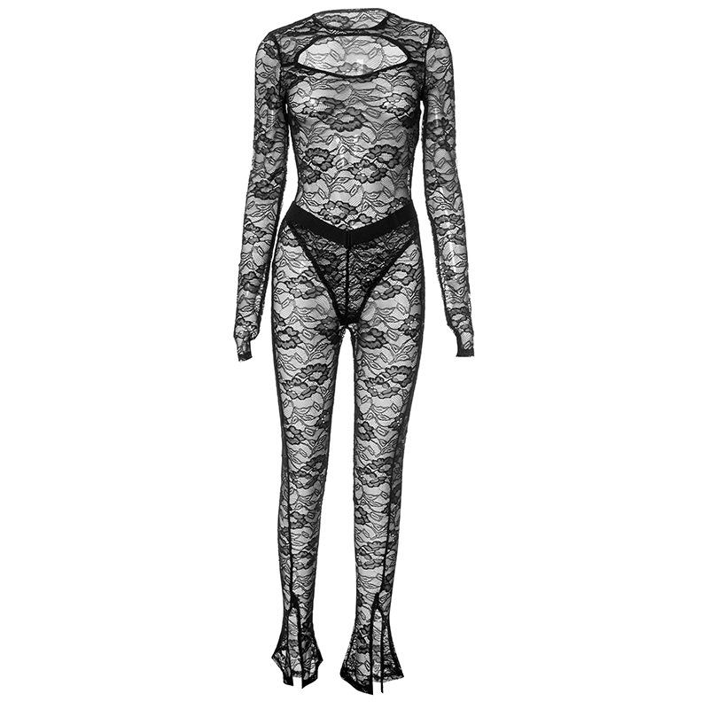 acelimosf™-Long sleeve hollow out lace see through pant set