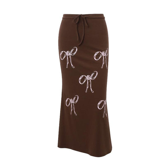 acelimosf™-Drawstring ruched bowknot print contrast self tie midi skirt