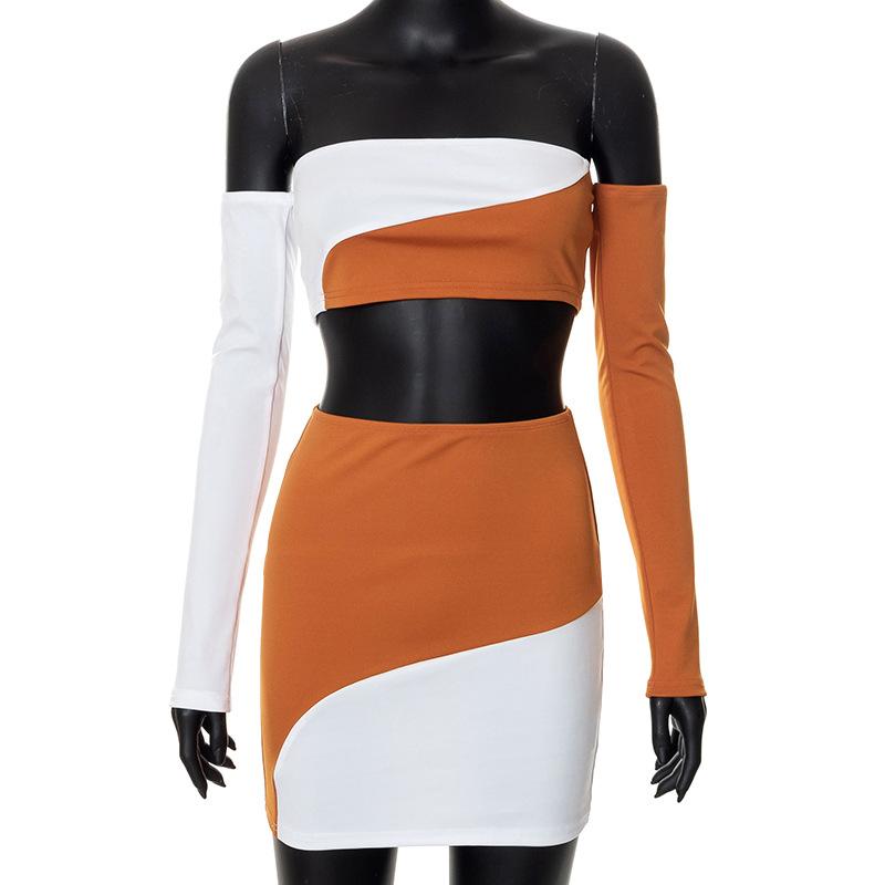 acelimosf™-Contrast patchwork off shoulder long sleeve backless mini skirt set