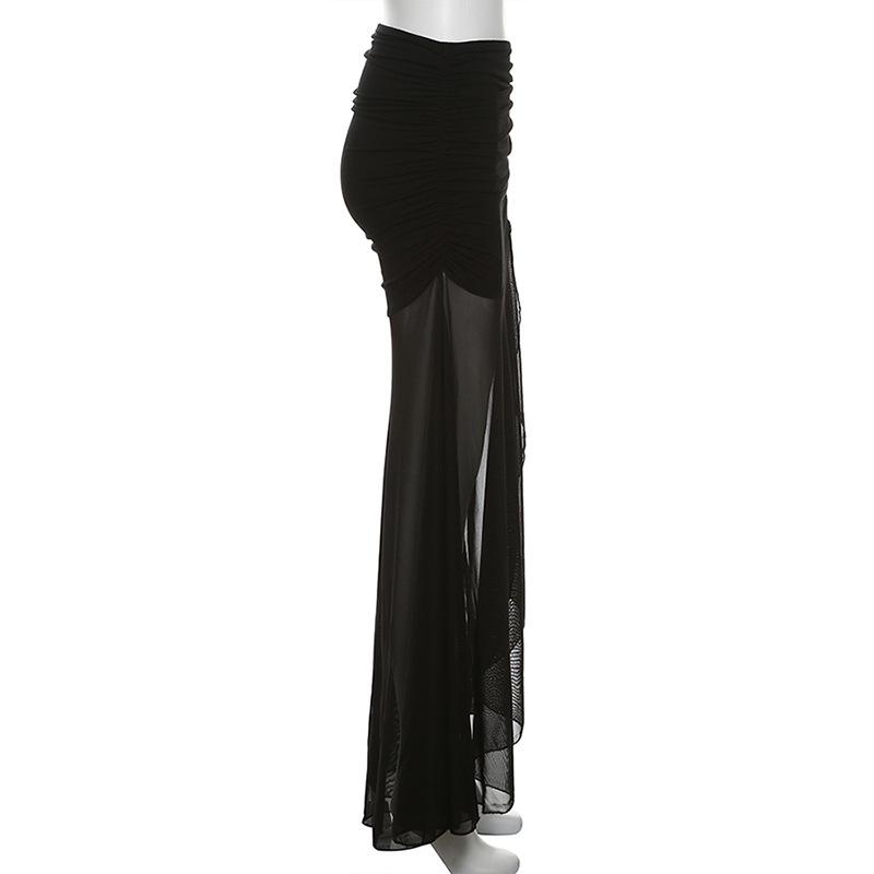 acelimosf™-Mesh ruffle ruched slit solid maxi skirt