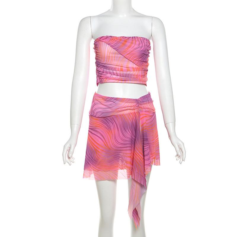 acelimosf™-Backless tie dye ruffle tube mini skirt set