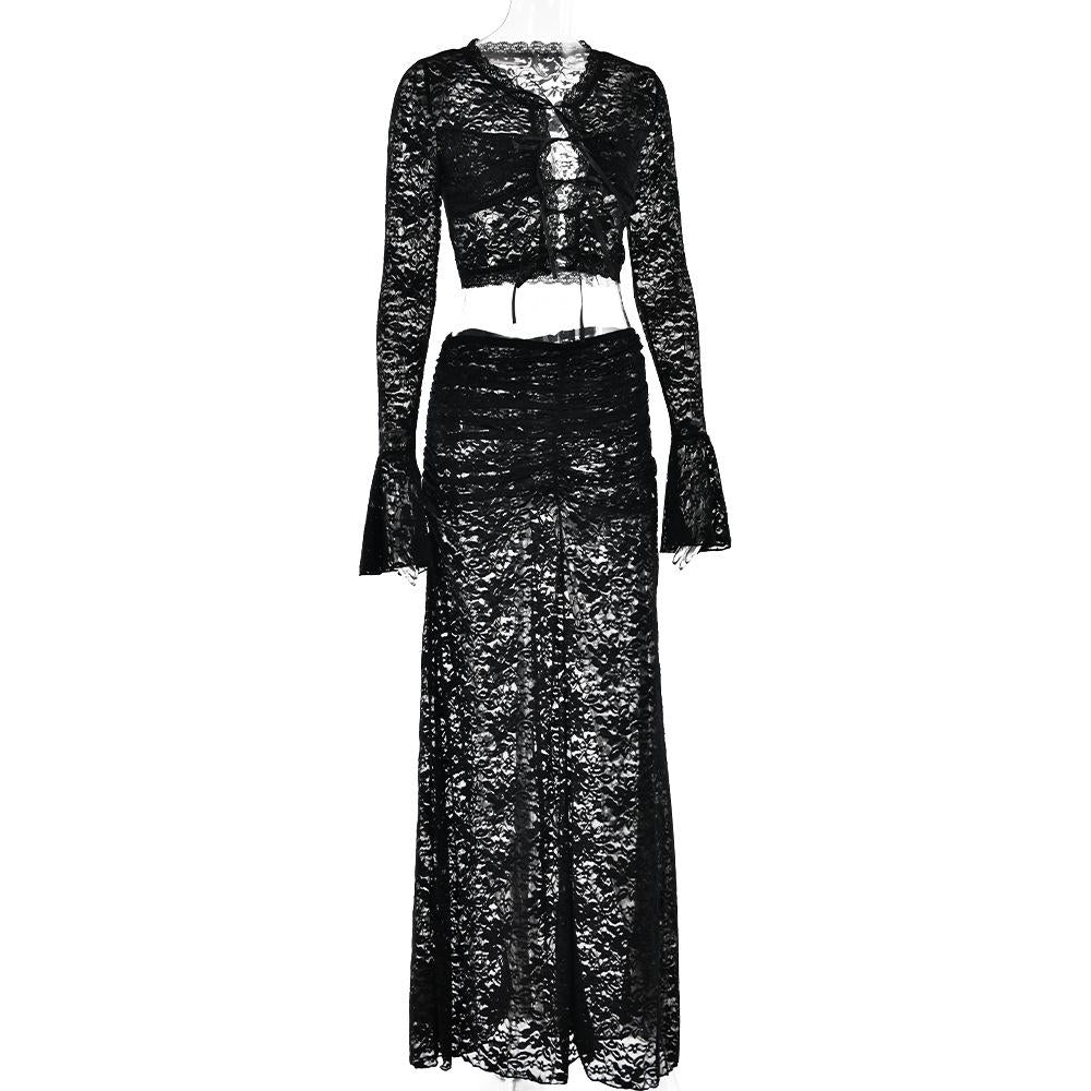 acelimosf™-Long flared sleeve lace see through maxi skirt set