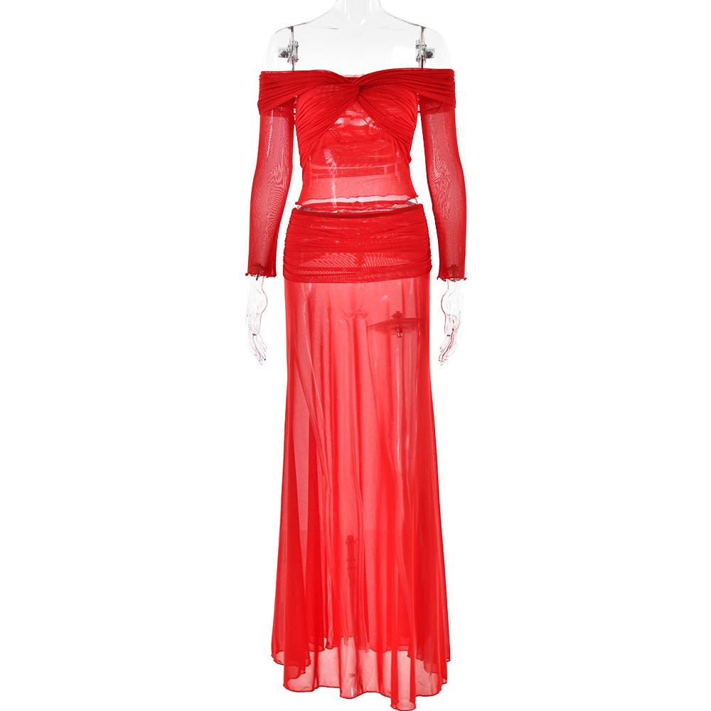 acelimosf™-Long sleeve off shoulder sheer mesh maxi skirt set