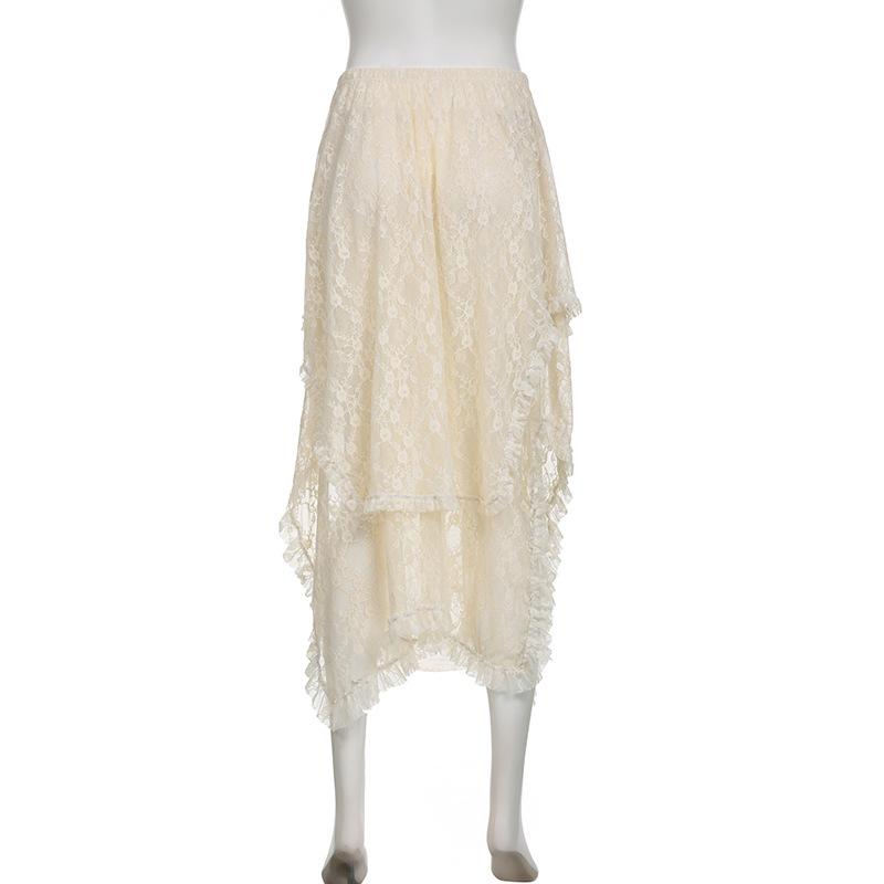 acelimosf™-Irregular lace ruffle solid midi skirt y2k 90s Revival Techno Fashion