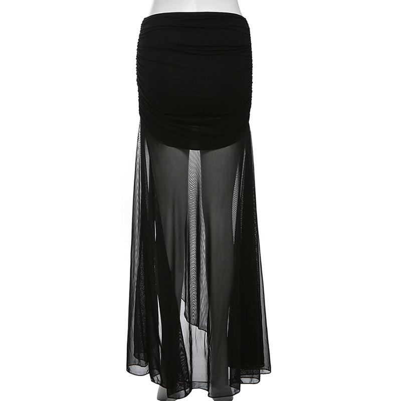 acelimosf™-Mesh ruffle ruched slit solid maxi skirt