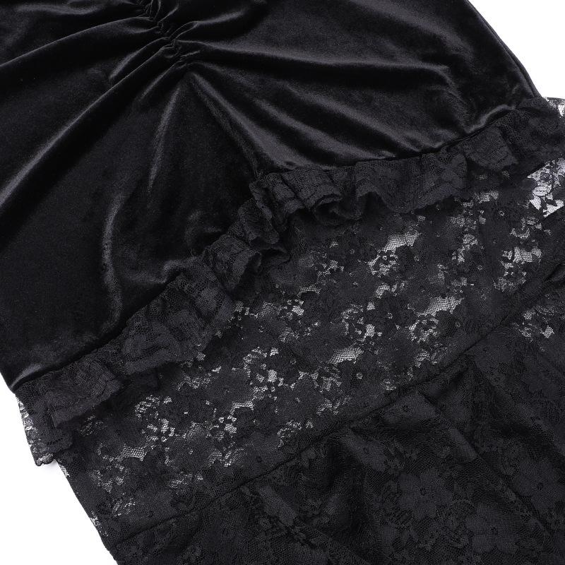 acelimosf™-Velvet lace ruched slit midi skirt