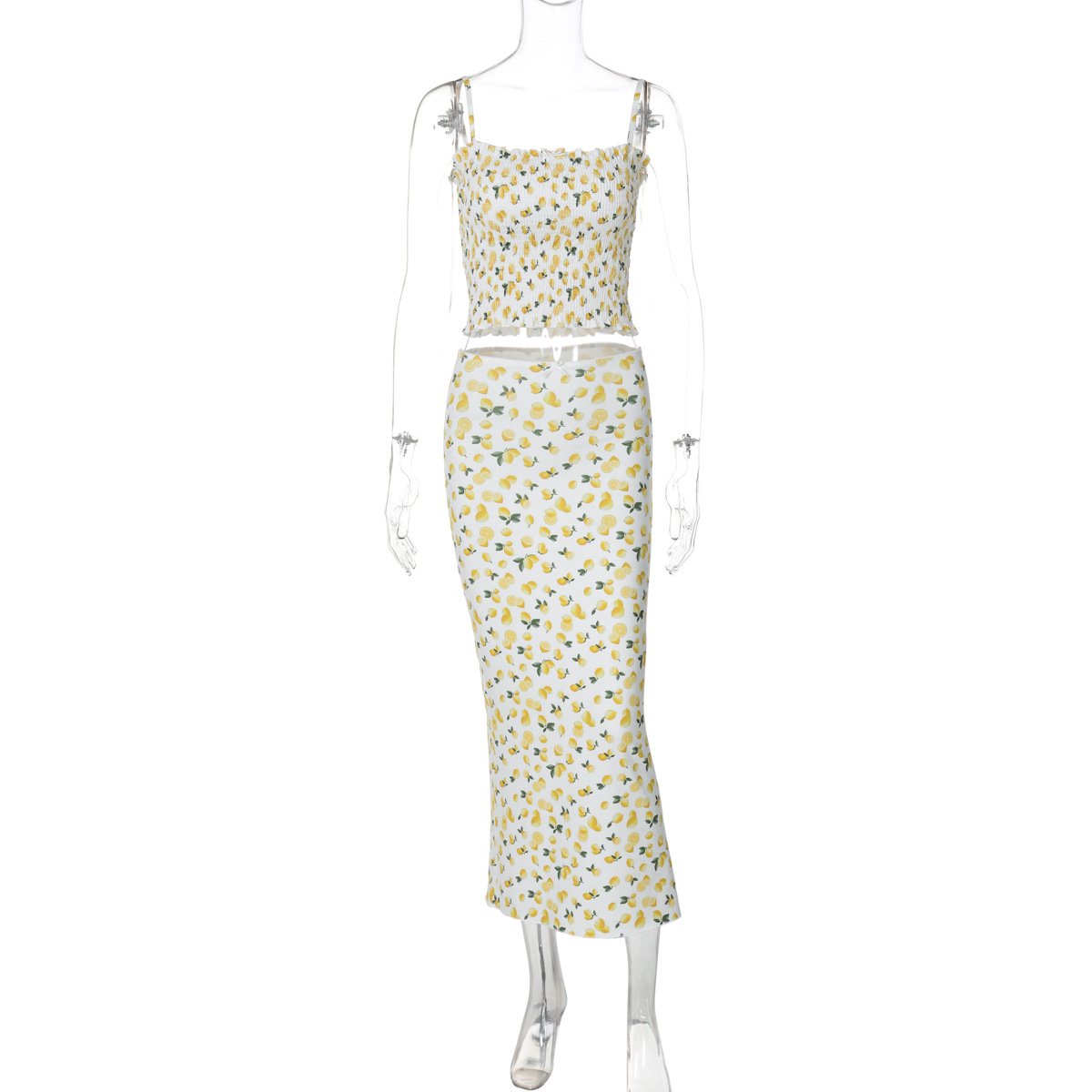 acelimosf™-Lemon print smocked cami midi skirt set