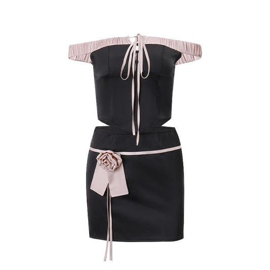 acelimosf™-Off shoulder self tie flower applique zip-up button mini skirt set