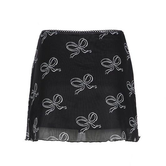 acelimosf™-Bowknot print mesh mini skirt