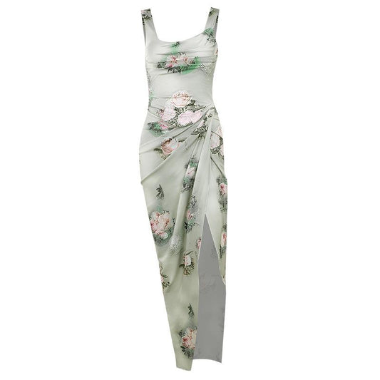 acelimosf™-Flower print cowl neck contrast slit ruched sleeveless maxi skirt set