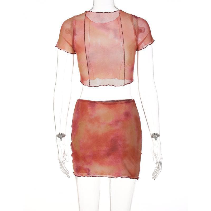 acelimosf™-Ruffled sheer mesh print short sleeve skirt set