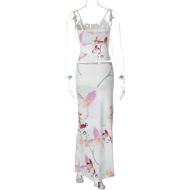 acelimosf™-Flower print u neck adjustable cami maxi skirt set