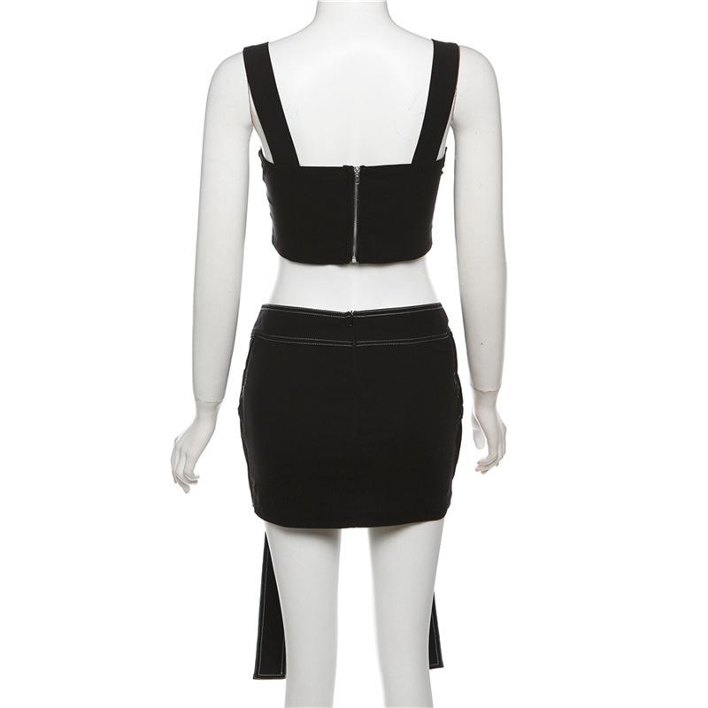 acelimosf™-Hollow out stitch cross front zip-up cami mini skirt set