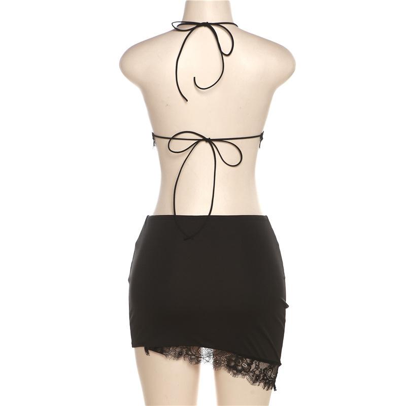 acelimosf™-Lace hem solid spaghetti strap v neck halter self tie backless mini skirt set