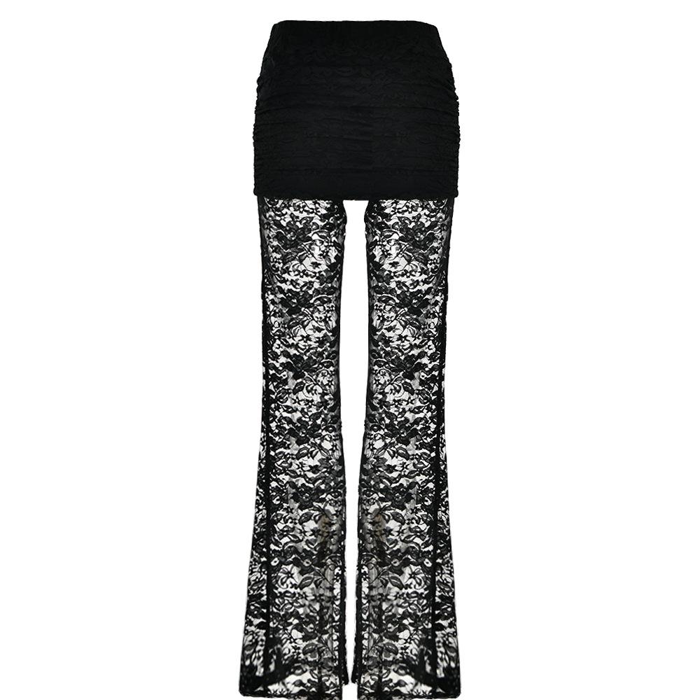 acelimosf™-Lace patchwork ruched solid flared pant