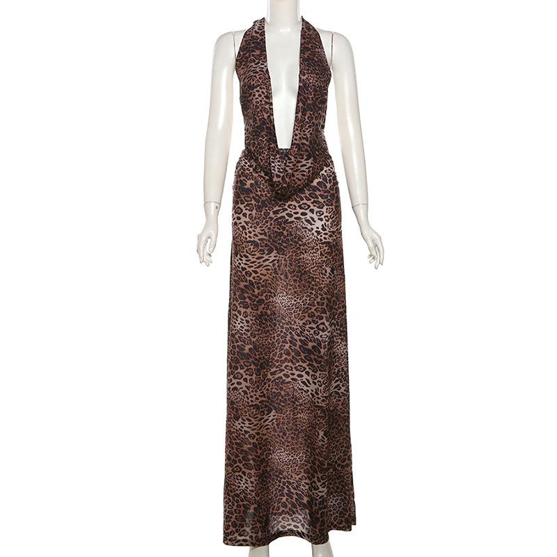 acelimosf™-Halter deep v neck leopard print maxi skirt set