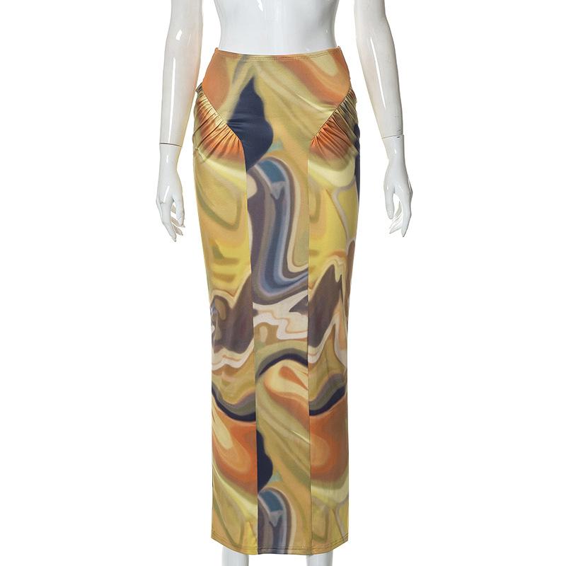 acelimosf™-Contrast ruched abstract print midi skirt cyberpunk Sci-Fi Fashion