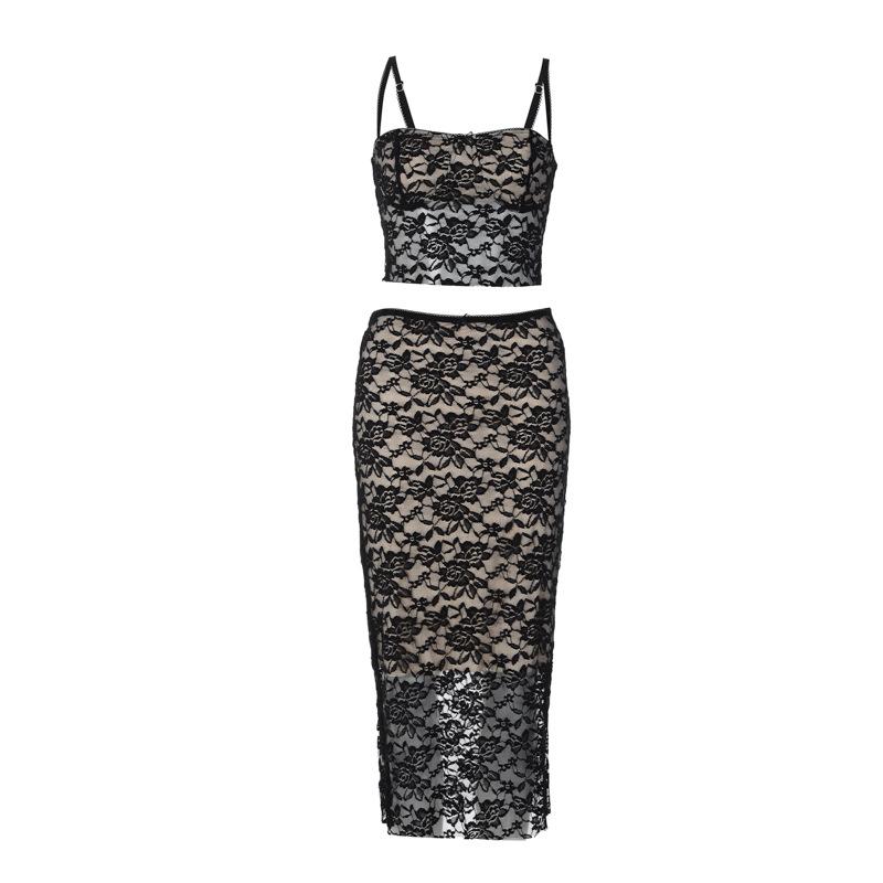 acelimosf™-Lace contrast button backless square neck cami midi skirt set