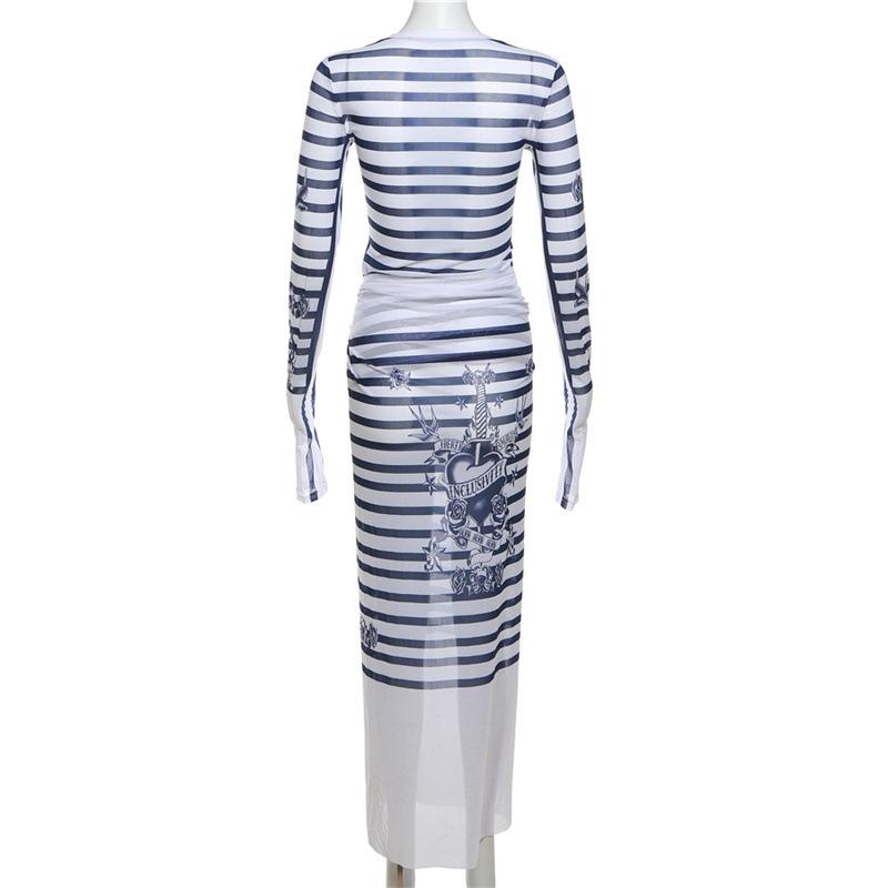 acelimosf™-Sheer mesh see through striped long sleeve knotted maxi skirt set