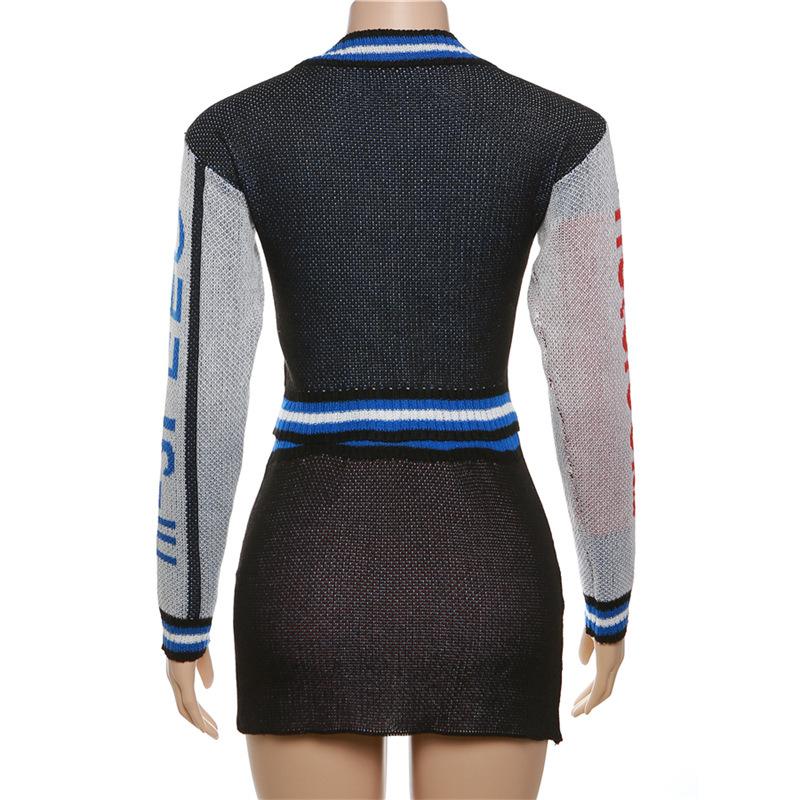 acelimosf™-Knitted long sleeve contrast zip-up mini skirt set