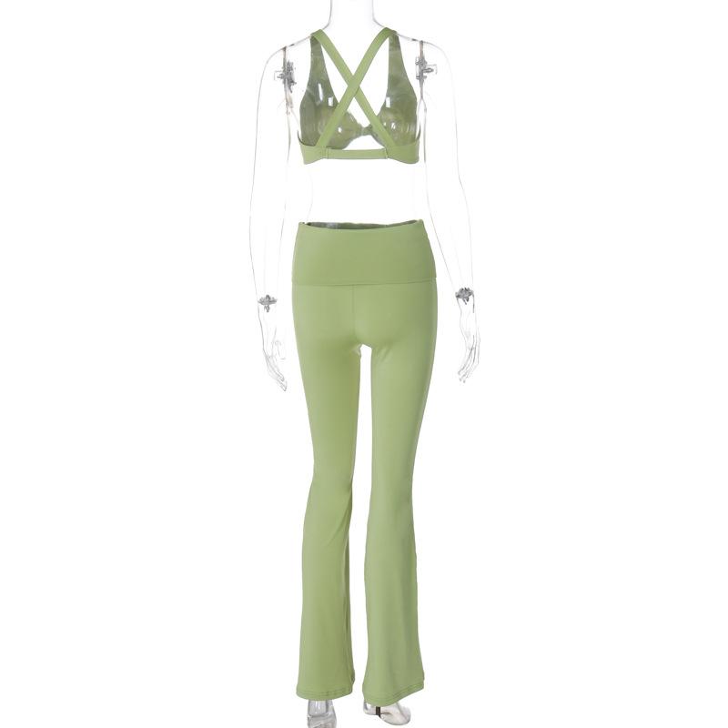 acelimosf™-Halter v neck ruched crop cross back pant set