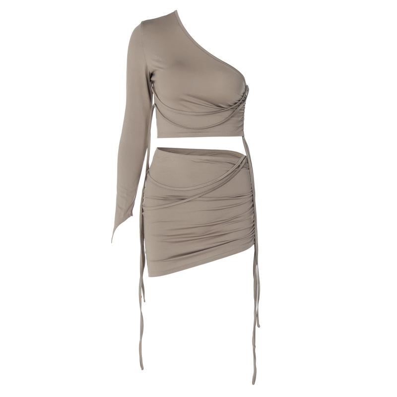 acelimosf™-Long sleeve solid drawstring ruched one shoulder crop top skirt set