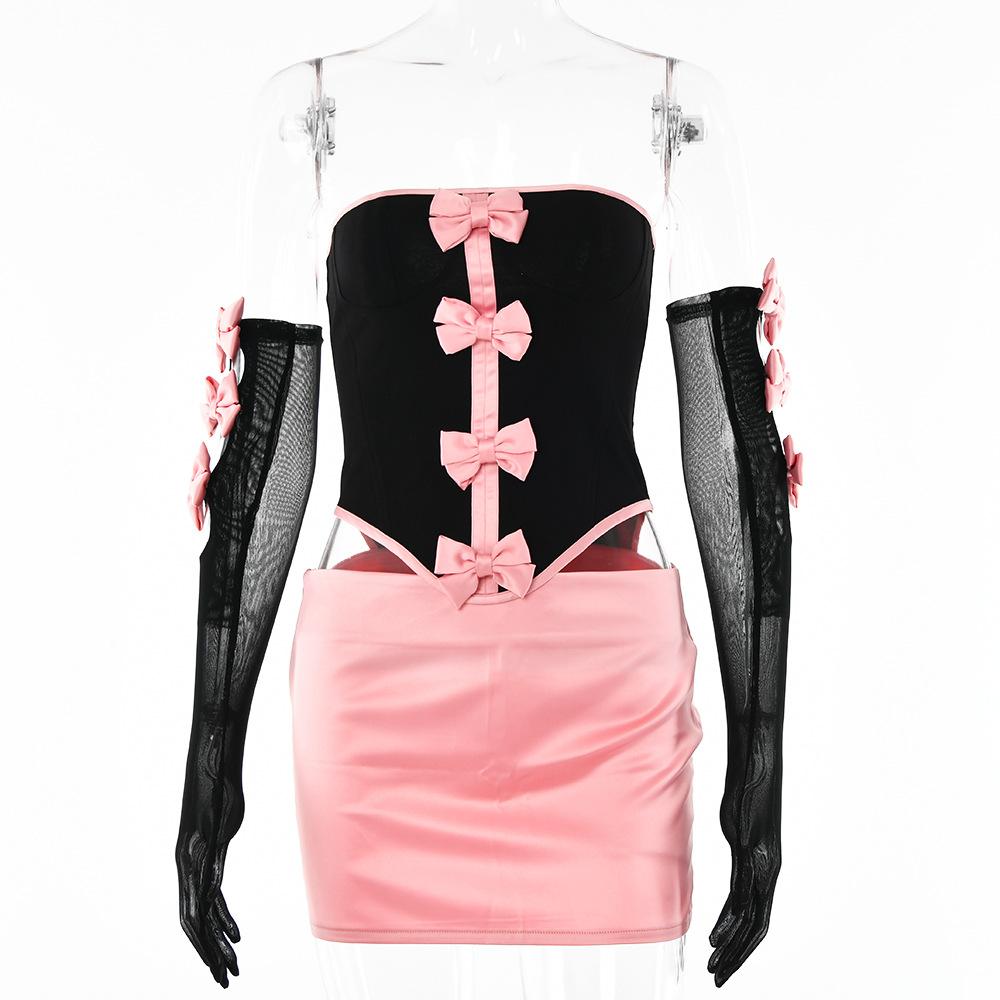 acelimosf™-Mesh contrast bowknot gloves lace up tube backless mini skirt set