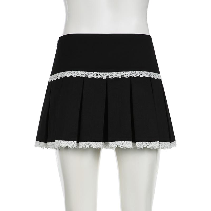 acelimosf™-Lace hem pleated zip-up mini skirt