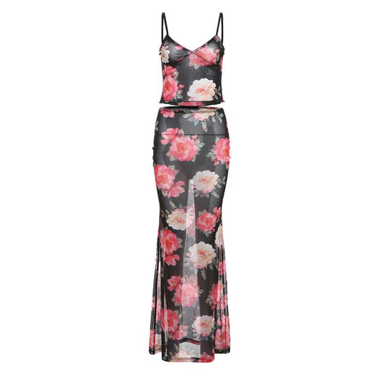 acelimosf™-Sheer mesh flower print ruffle v neck cami skirt set