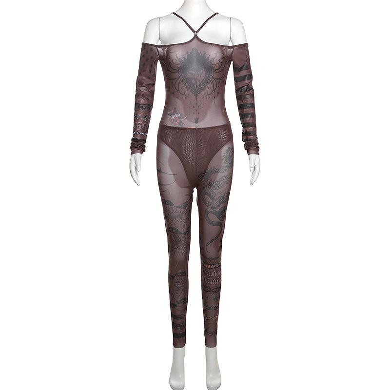 acelimosf™-Abstract contrast sheer mesh see through off shoulder bodysuit pant set