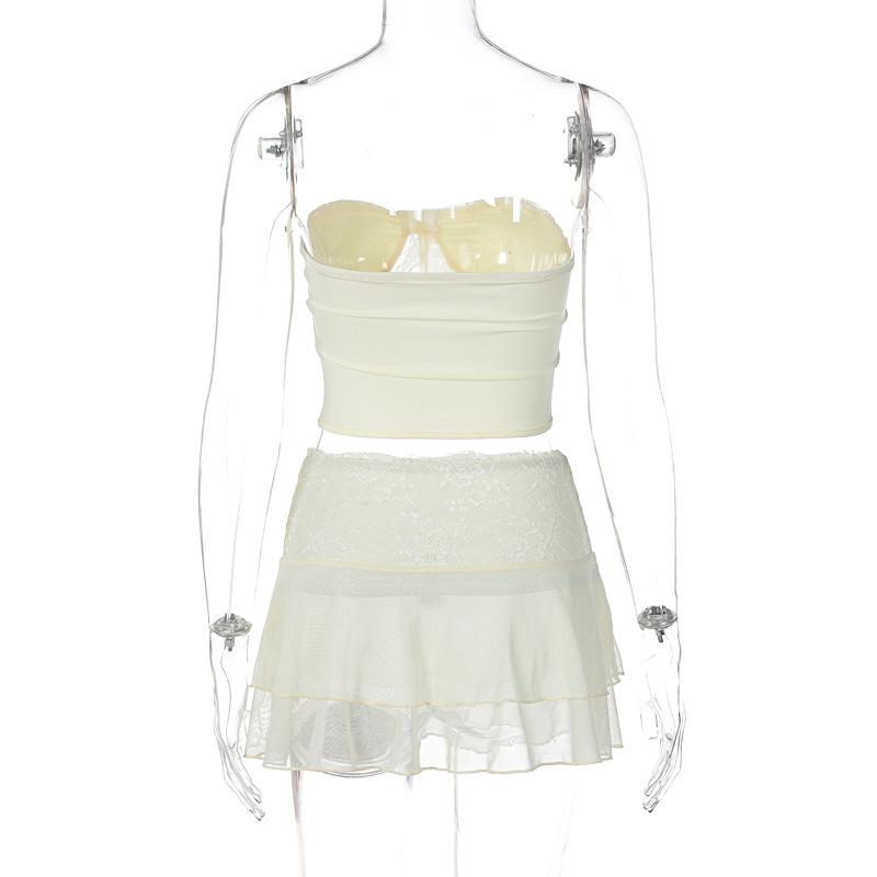 acelimosf™-Mesh solid sleeveless backless lace hem tube top skirt set