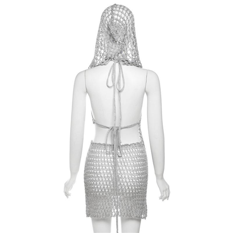 acelimosf™-Crochet hoodie sleeveless backless hollow out irregular mini skirt set