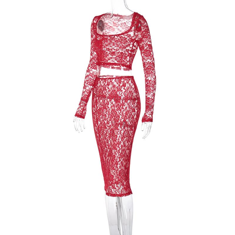 acelimosf™-Long sleeve lace see through solid midi skirt set