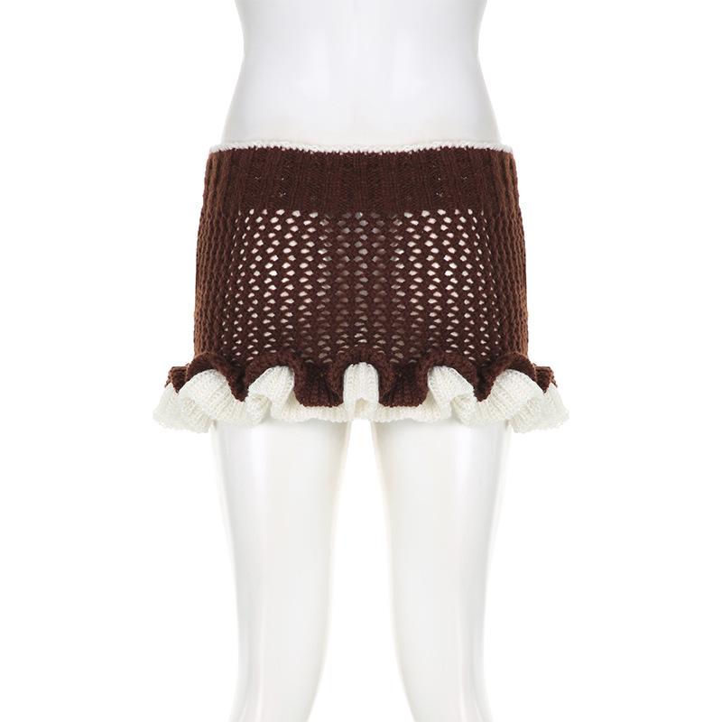 acelimosf™-Ruffle contrast crochet low rise mini skirt