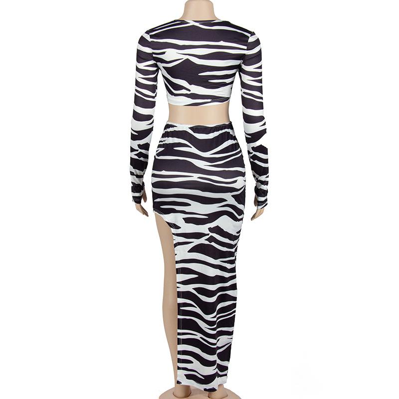 acelimosf™-Zebra print self tie contrast long sleeve irregular slit maxi skirt set