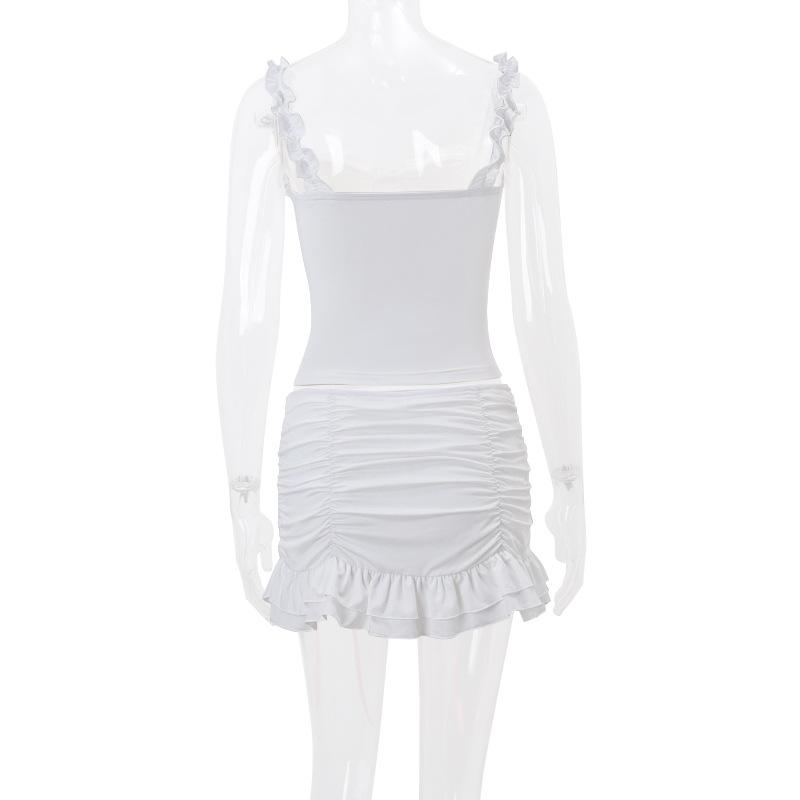 acelimosf™-Ruffle ruched bowknot ribbon stitch cami skirt set