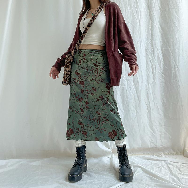 acelimosf™-Flower pattern contrast ruffle tie dye midi skirt grunge 90s Streetwear Disheveled Chic Fashion grunge 90s Streetwear Distressed Fashion