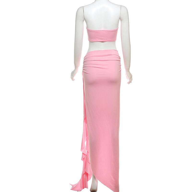 acelimosf™-Flower applique high slit ruffle maxi skirt set