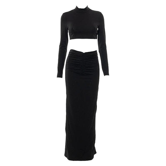 acelimosf™-High neck long sleeve ruched solid maxi skirt set y2k 90s Revival Techno Fashion