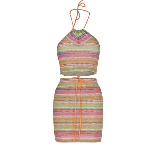 acelimosf™-Knitted contrast striped drawstring halter backless skirt set