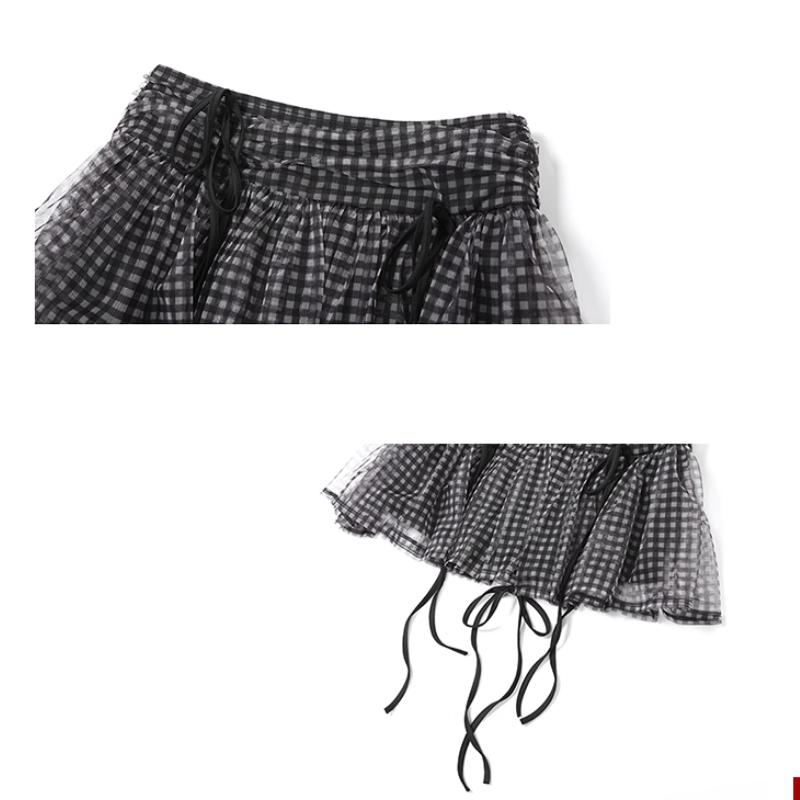 acelimosf™-Plaid flower applique mesh ruched tube skirt set